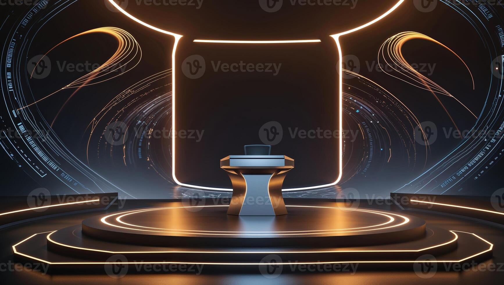 Futuristic stage design featuring modern podium with glowing accents for a technology conference in a dark setting photo