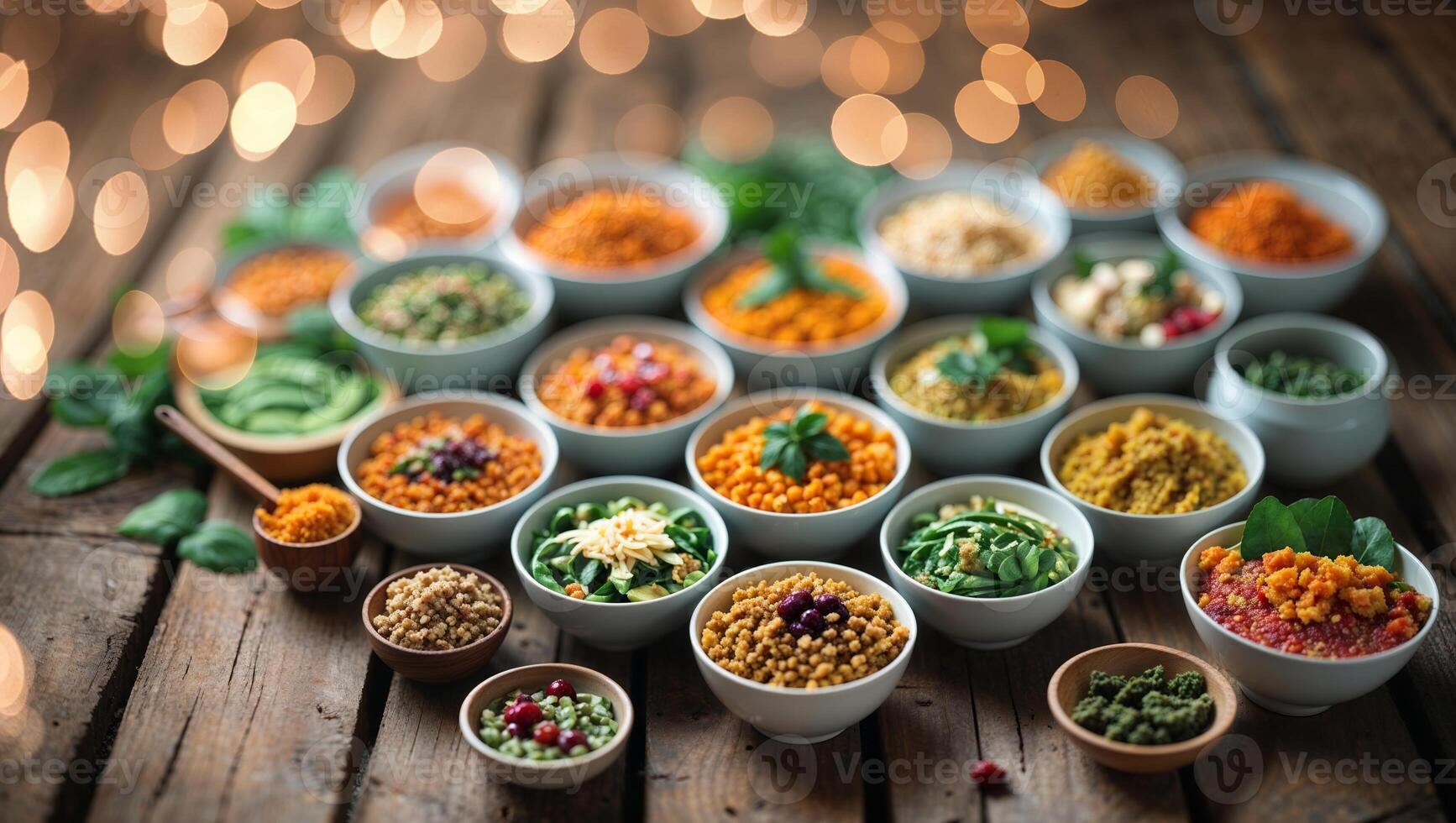 Colorful array of traditional dishes displayed beautifully on wooden table with festive lights in the background during a cultural celebration photo
