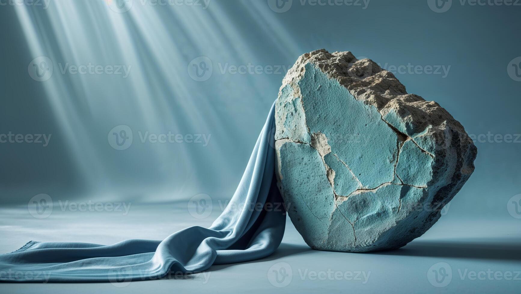 Artistic arrangement of a textured stone and soft fabric highlighting contrast and tranquility in a serene indoor setting photo