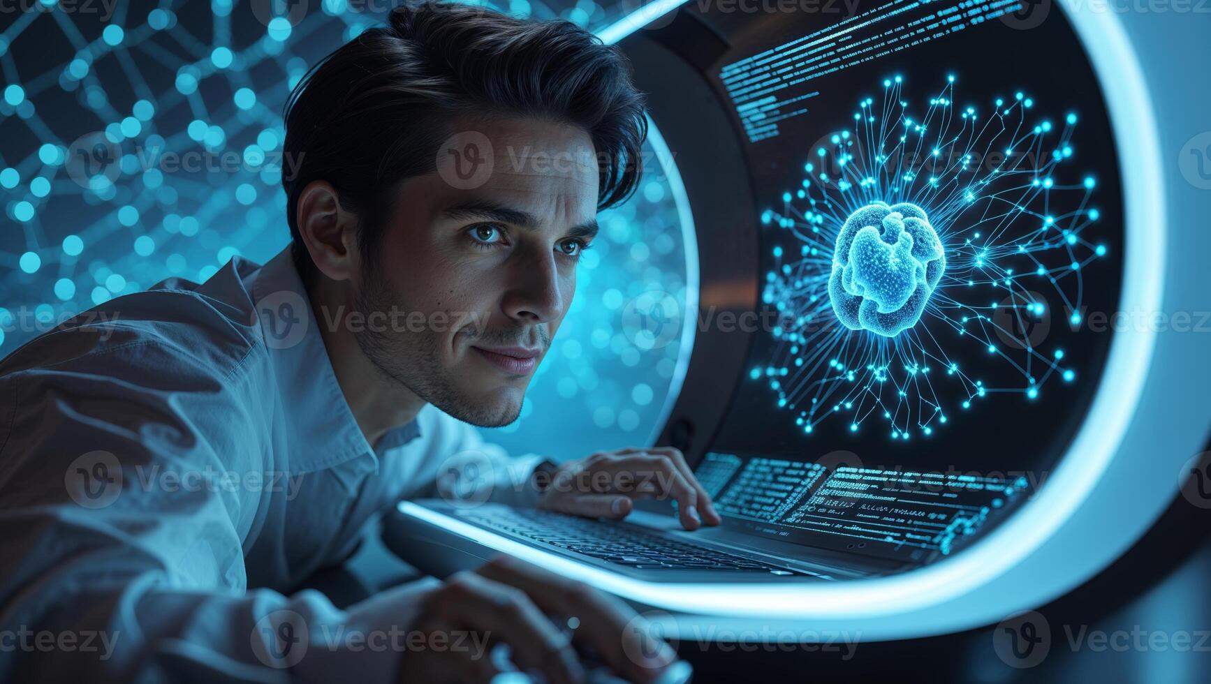 Man interacts with advanced technology while analyzing neural network data in a futuristic environment photo