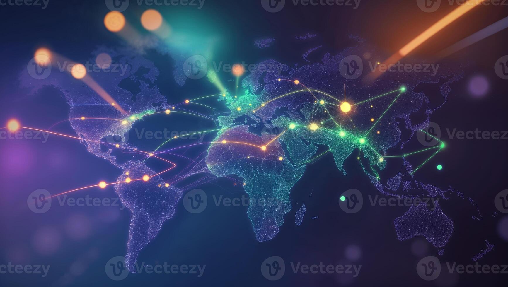 Global network connections illustrated with vibrant lights over a world map representing digital communication technologies photo