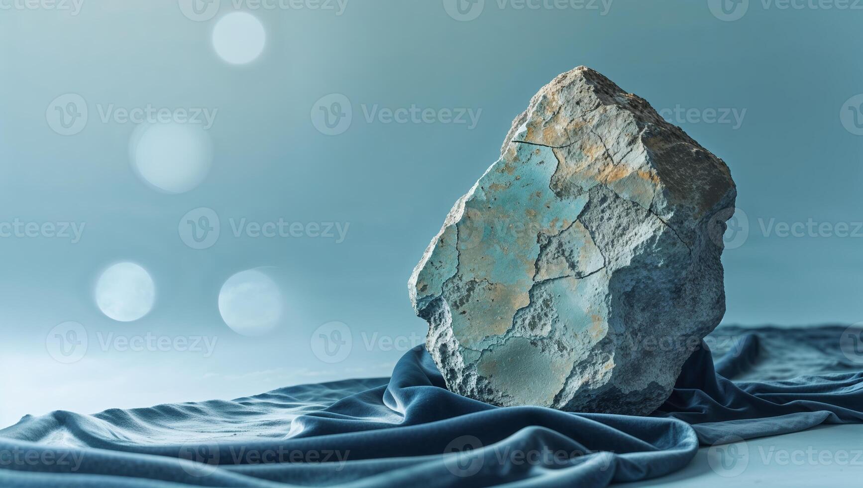 Unique textured rock resting on a deep blue fabric with soft light reflections creating a tranquil atmosphere photo