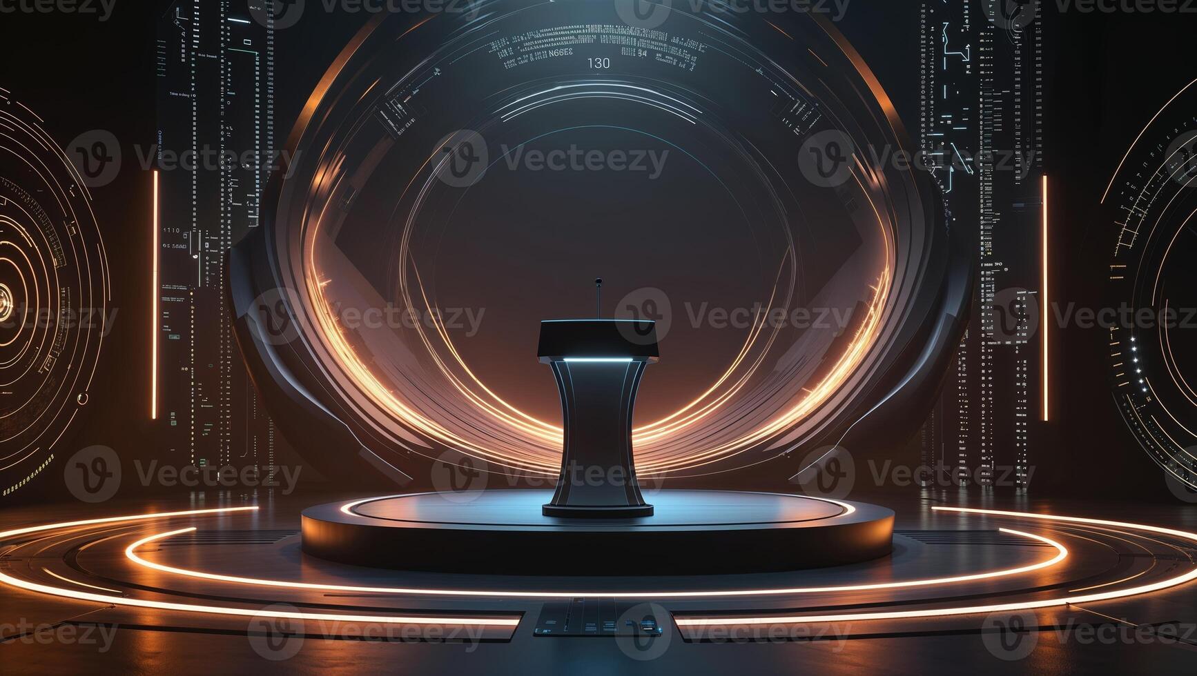 Futuristic stage setup with glowing backdrop and central podium in a dark environment photo