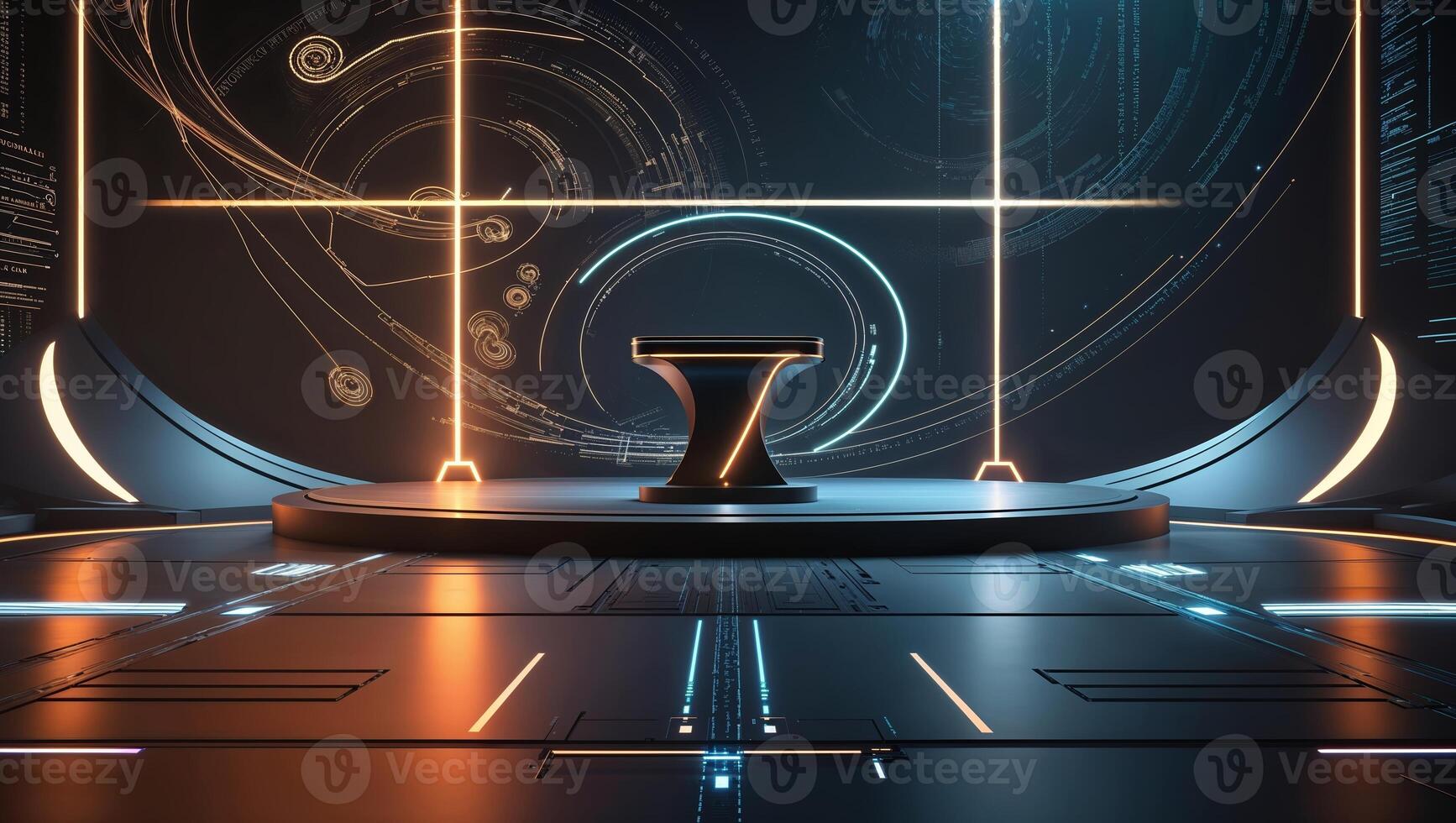 Futuristic stage design with high-tech backdrop and illuminated platform in a modern setting photo