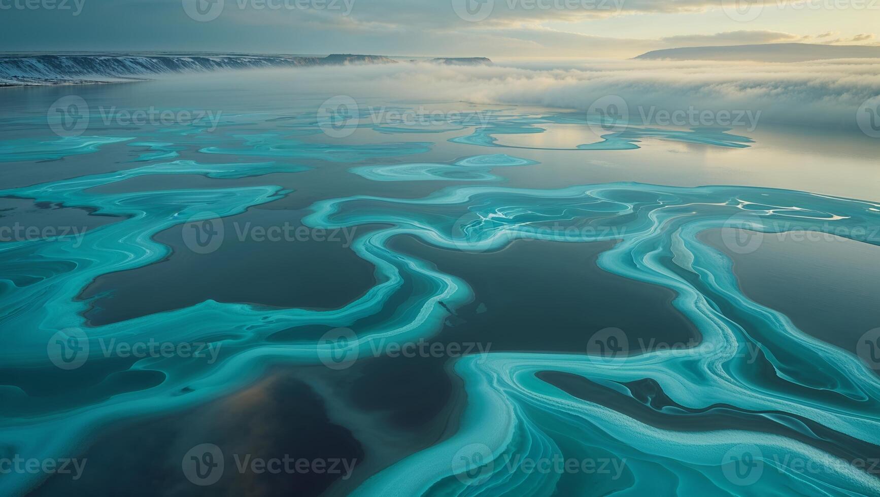 Swirling patterns of turquoise waters reflect the tranquil beauty of a remote Arctic region at dusk photo