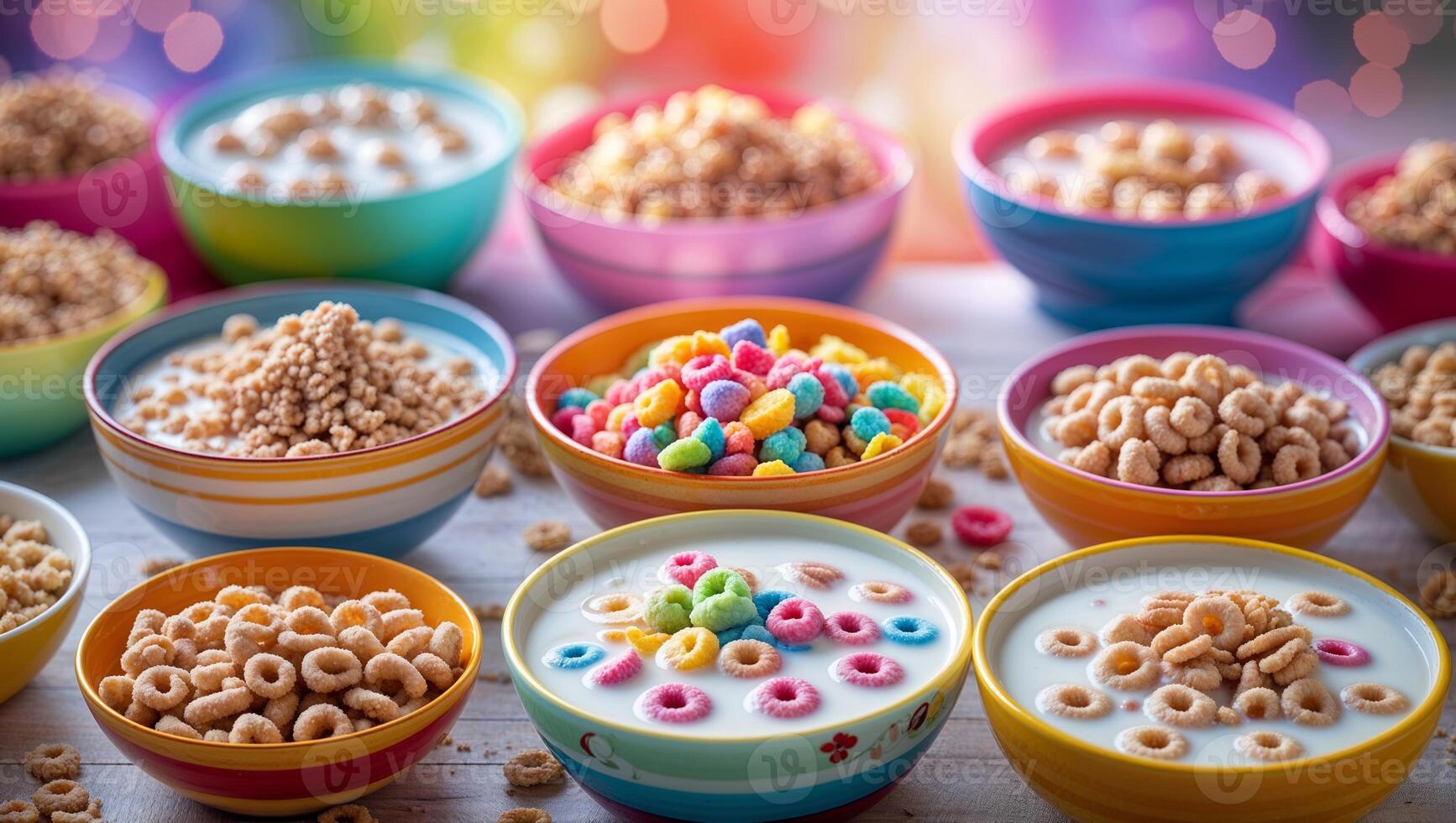 Colorful bowls of cereal with milk arranged for a fun breakfast display at a cheerful setting during morning hours photo