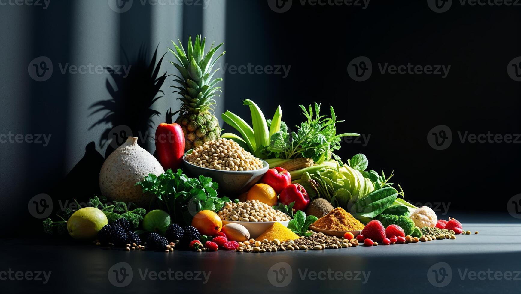Fresh produce and spices arranged creatively on a dark background in a kitchen setting for healthy cooking ideas photo