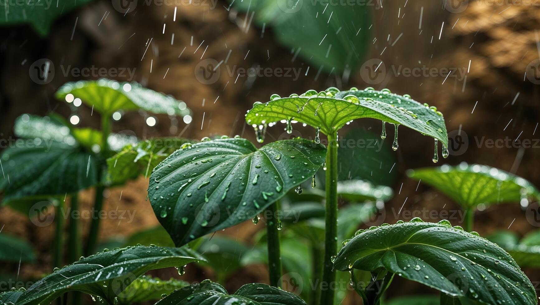 Raindrops glisten on lush green leaves in a serene forest during a gentle downpour photo