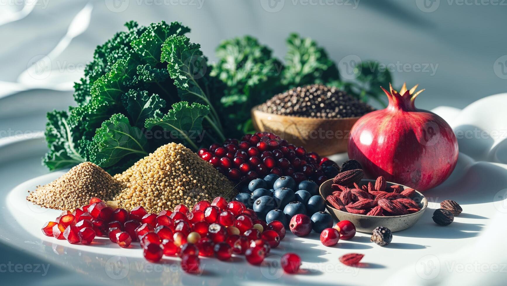 Colorful assortment of fresh fruits, grains, and spices arranged on a platter photo