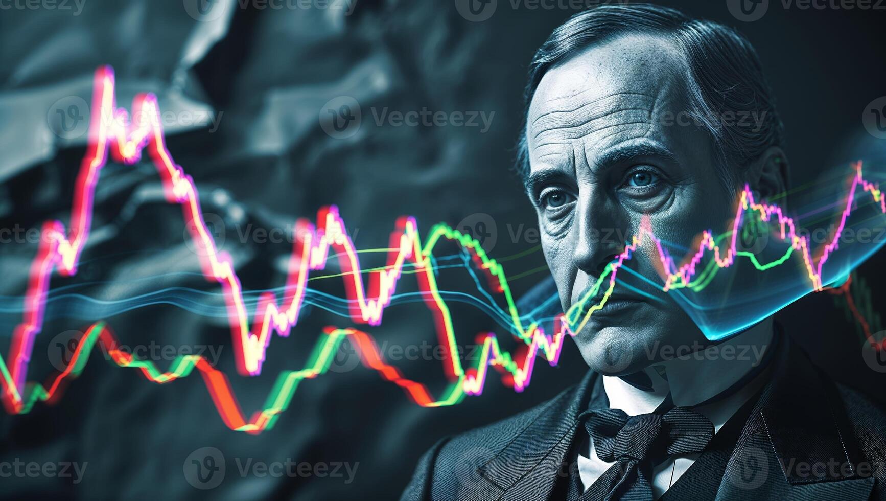 Portrait of a historical figure juxtaposed with vibrant financial market trends in a modern artistic representation photo