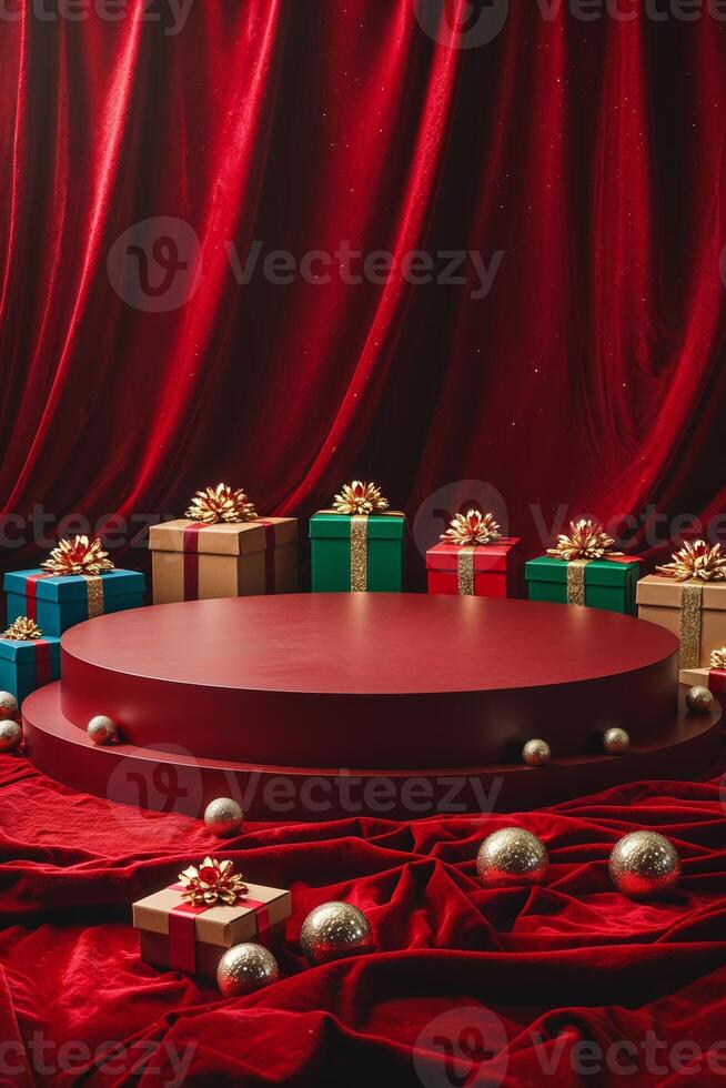 Festive holiday display featuring wrapped gifts and decorative ornaments on a red velvet backdrop photo