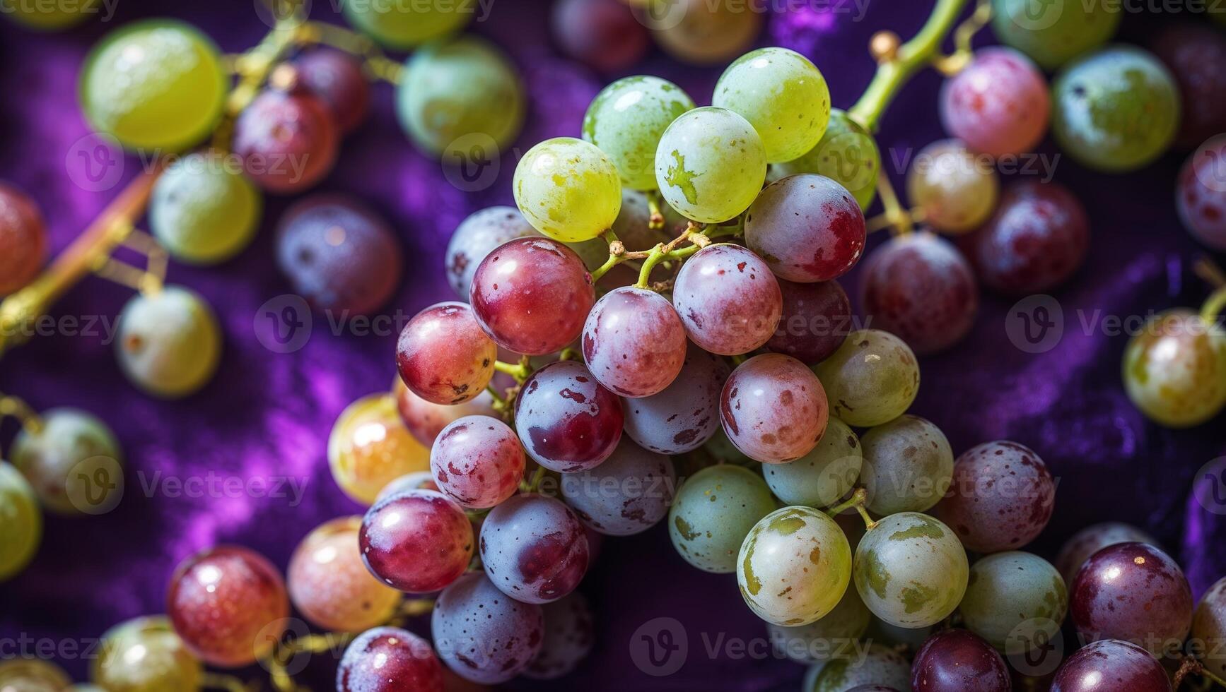 Fresh and colorful grapes displayed on a vibrant cloth at a farmers market in summer photo