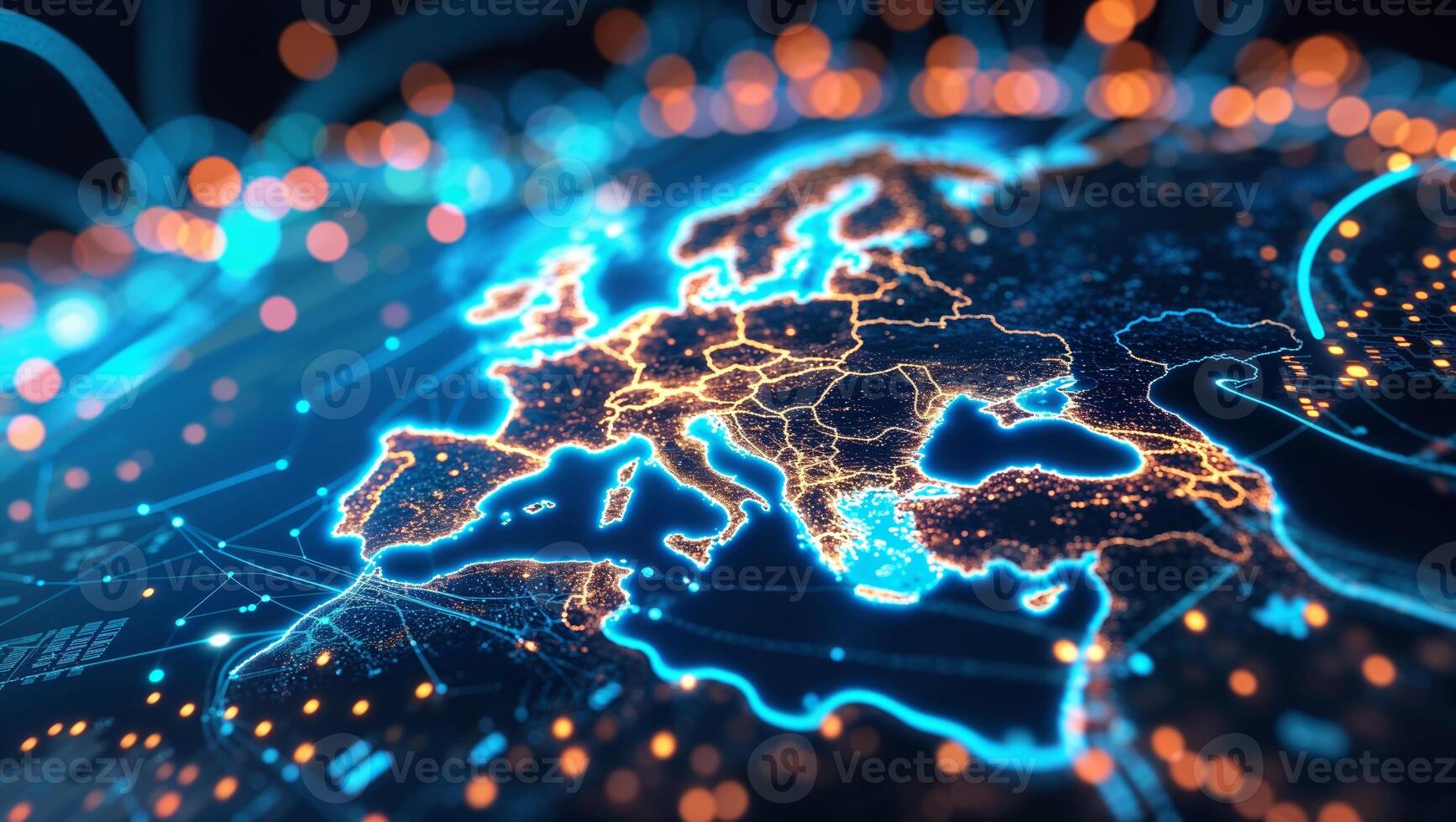 Digital map of Europe illuminated with glowing lights, showcasing connectivity and technology trends photo