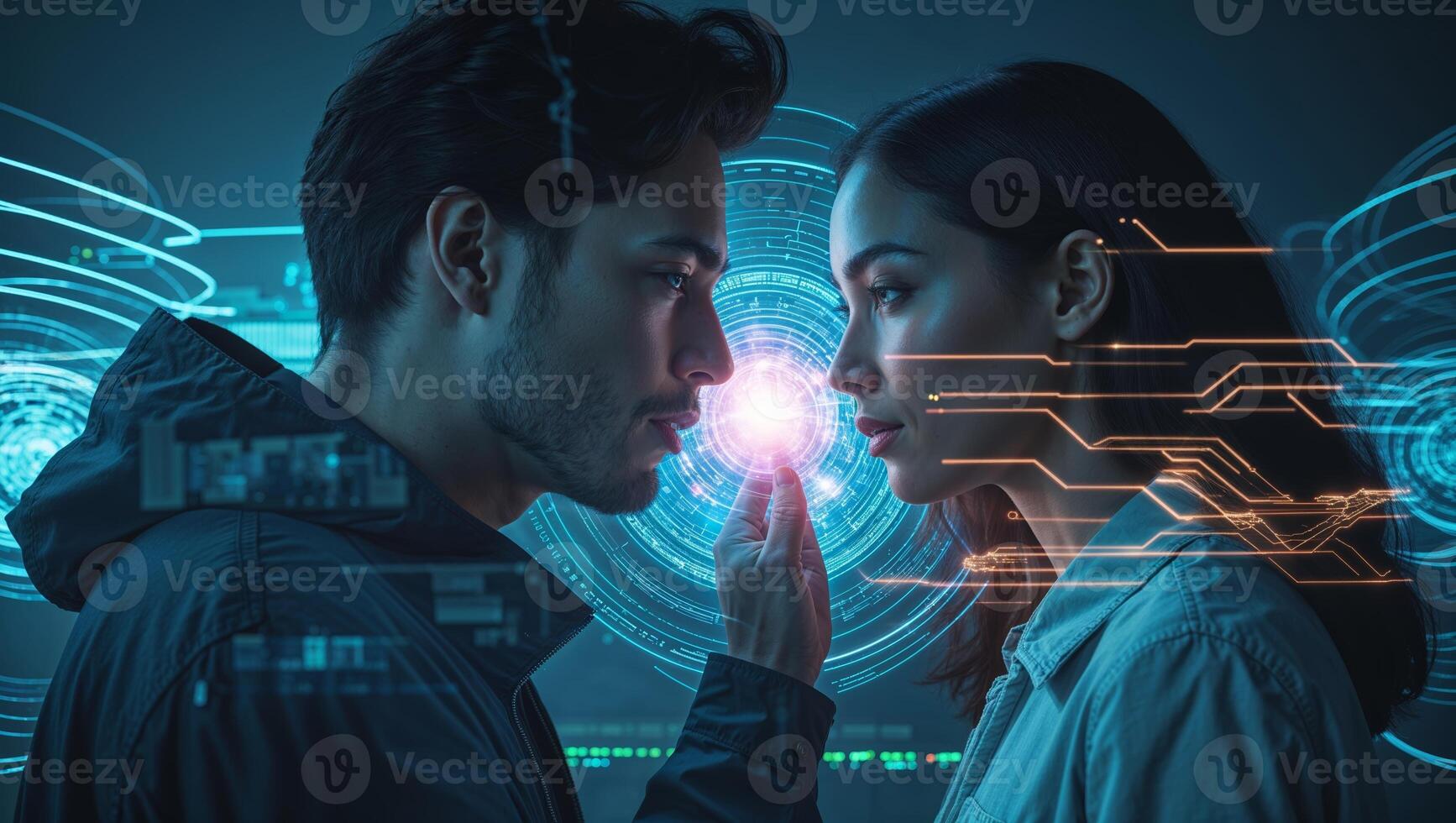 Digital connection between two people in a futuristic setting with glowing technology photo