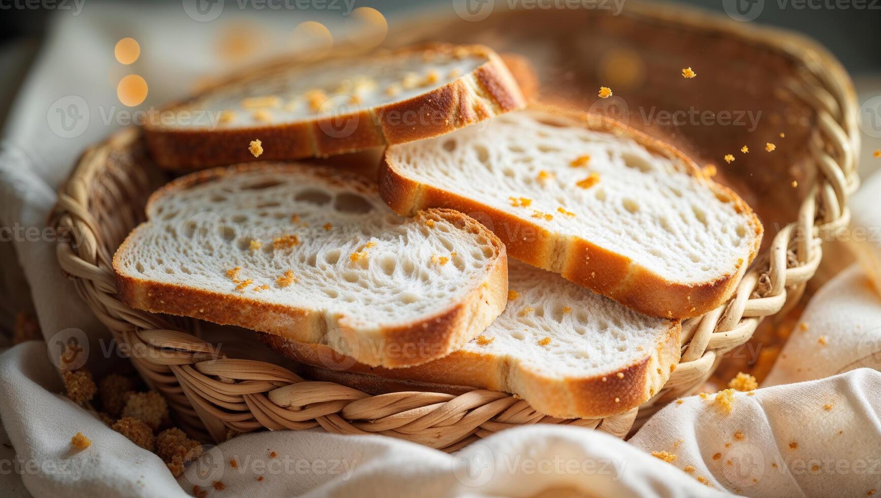 Freshly sliced bread in a woven basket on a cozy table with a warm atmosphere photo