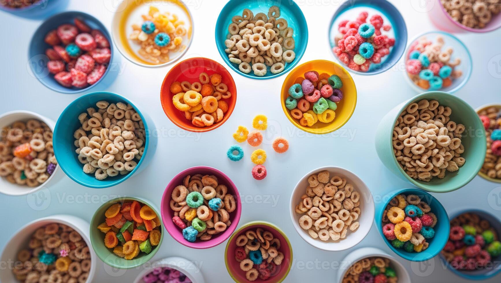 Colorful variety of cereals displayed in bowls for a vibrant breakfast setup on a white table photo