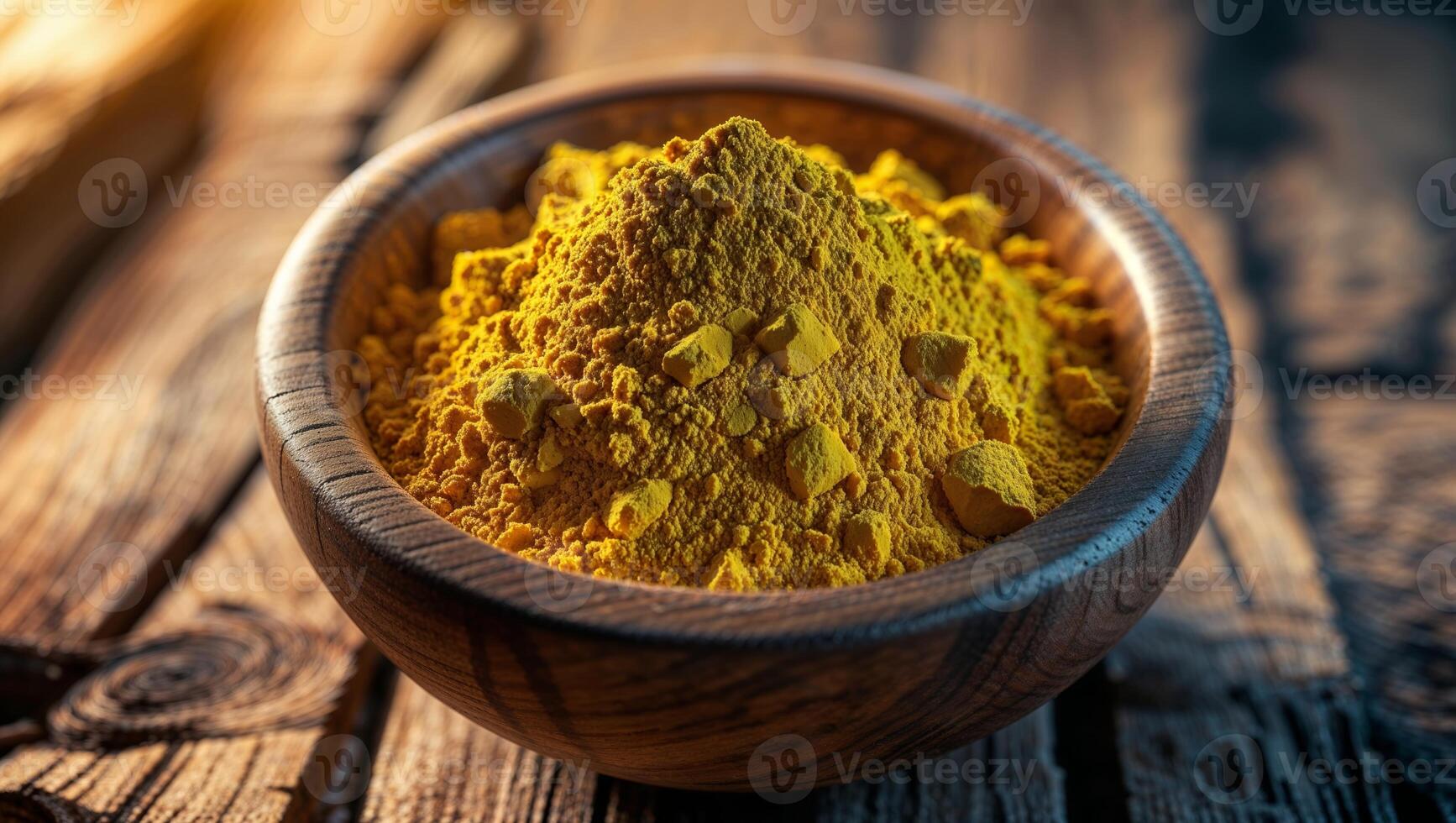Bright yellow turmeric powder in a wooden bowl on a rustic table for culinary and health uses photo