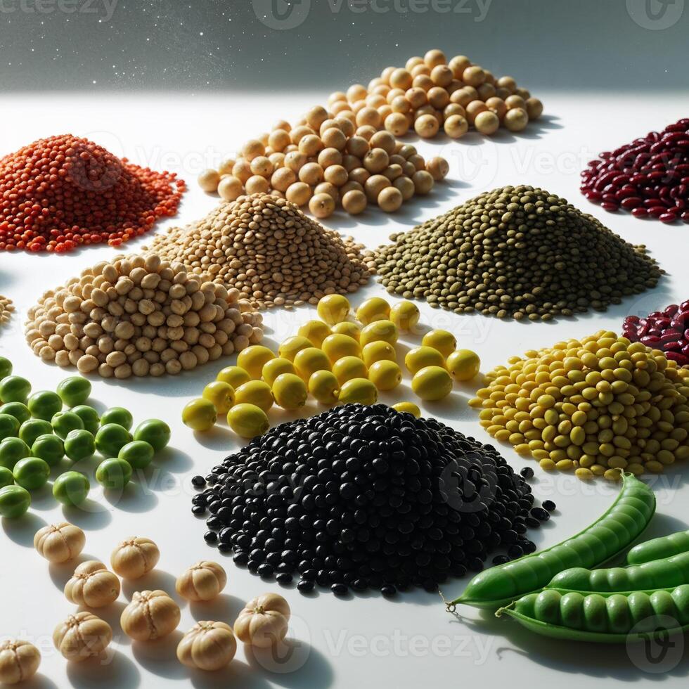 Colorful assortment of various legumes and pulses displayed on a clean surface in natural light photo
