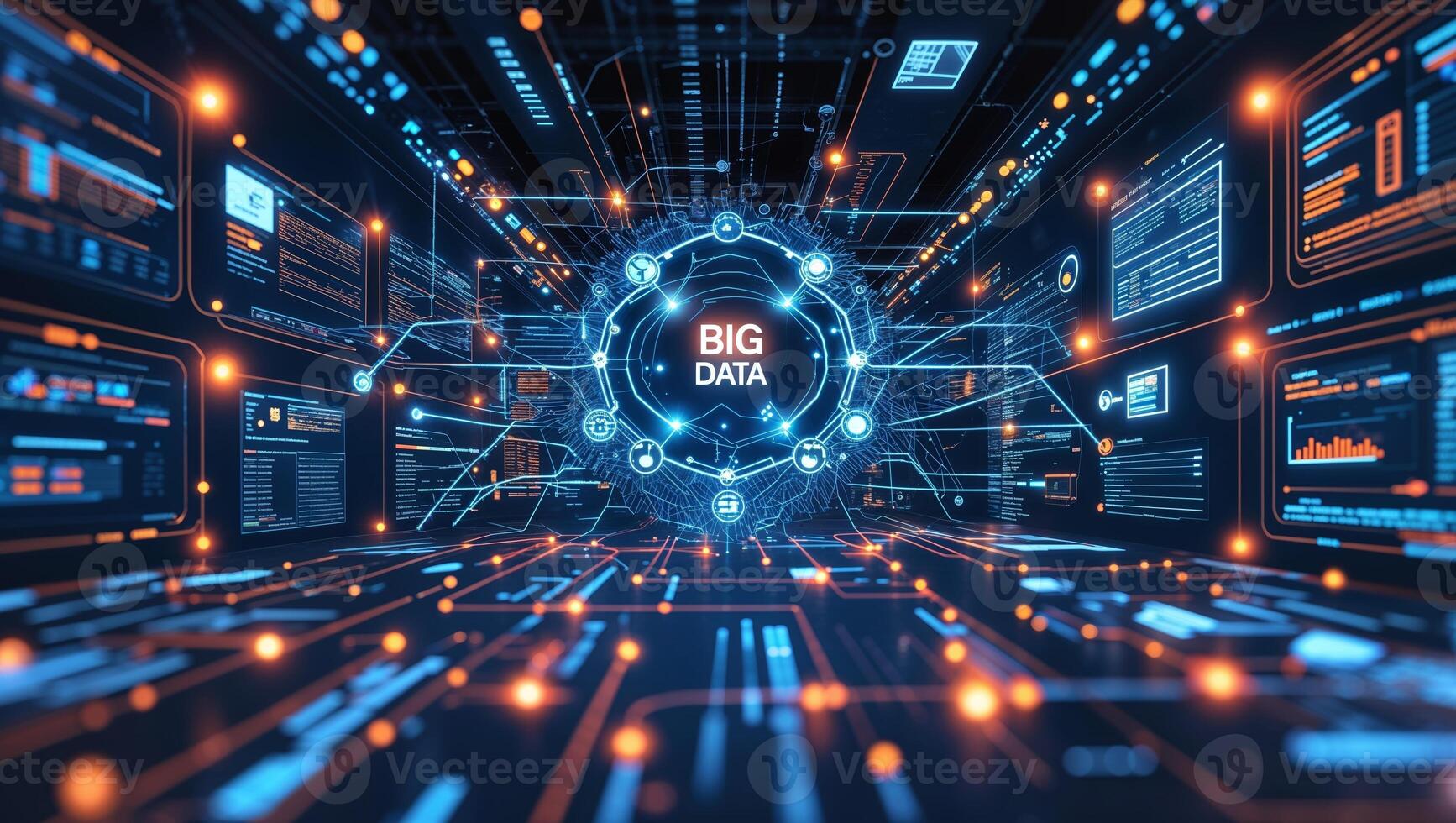 Exploring big data in a futuristic digital environment filled with glowing elements and intricate patterns photo