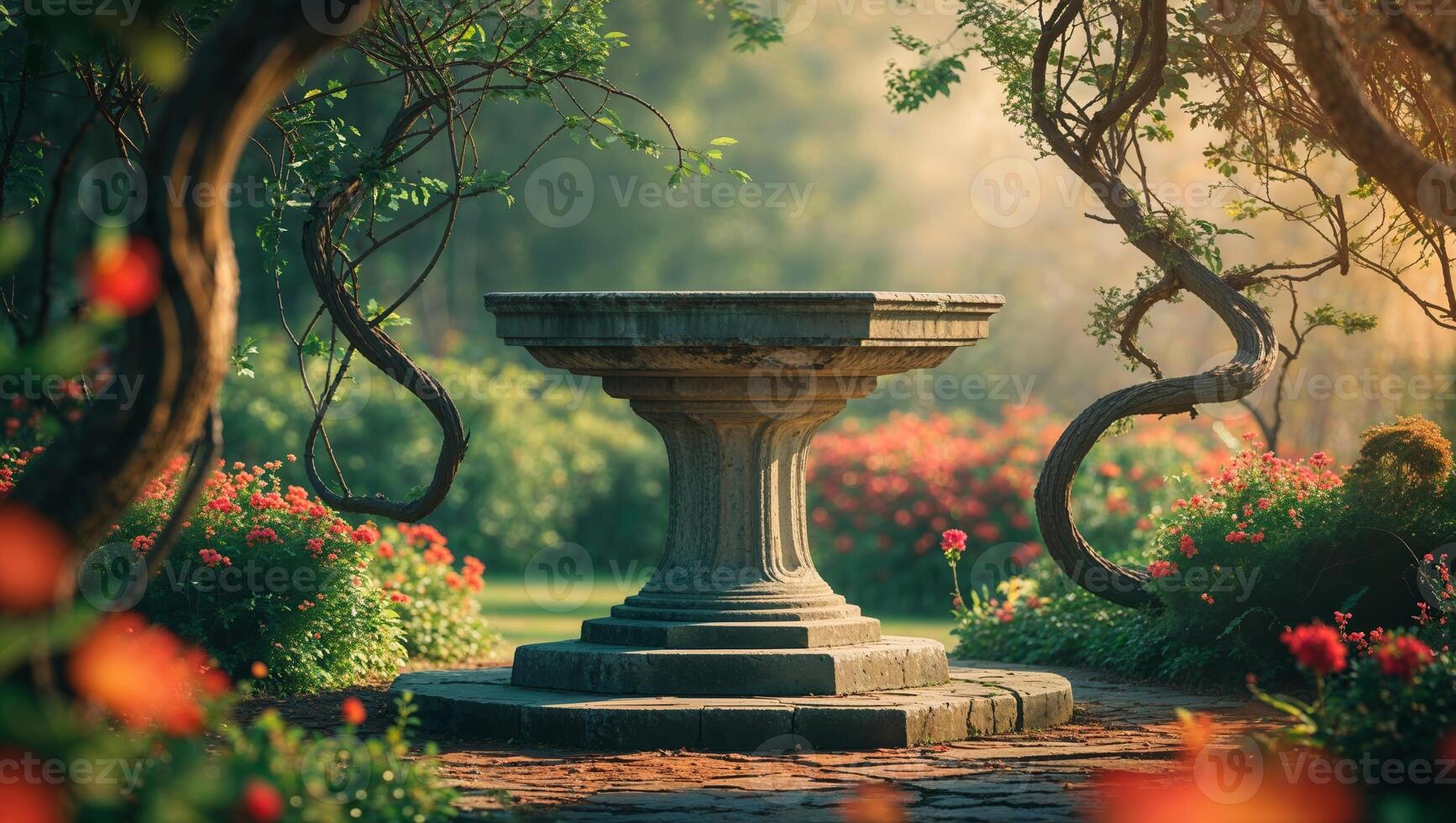 Beautiful garden with a stone fountain surrounded by blooming flowers during golden hour photo