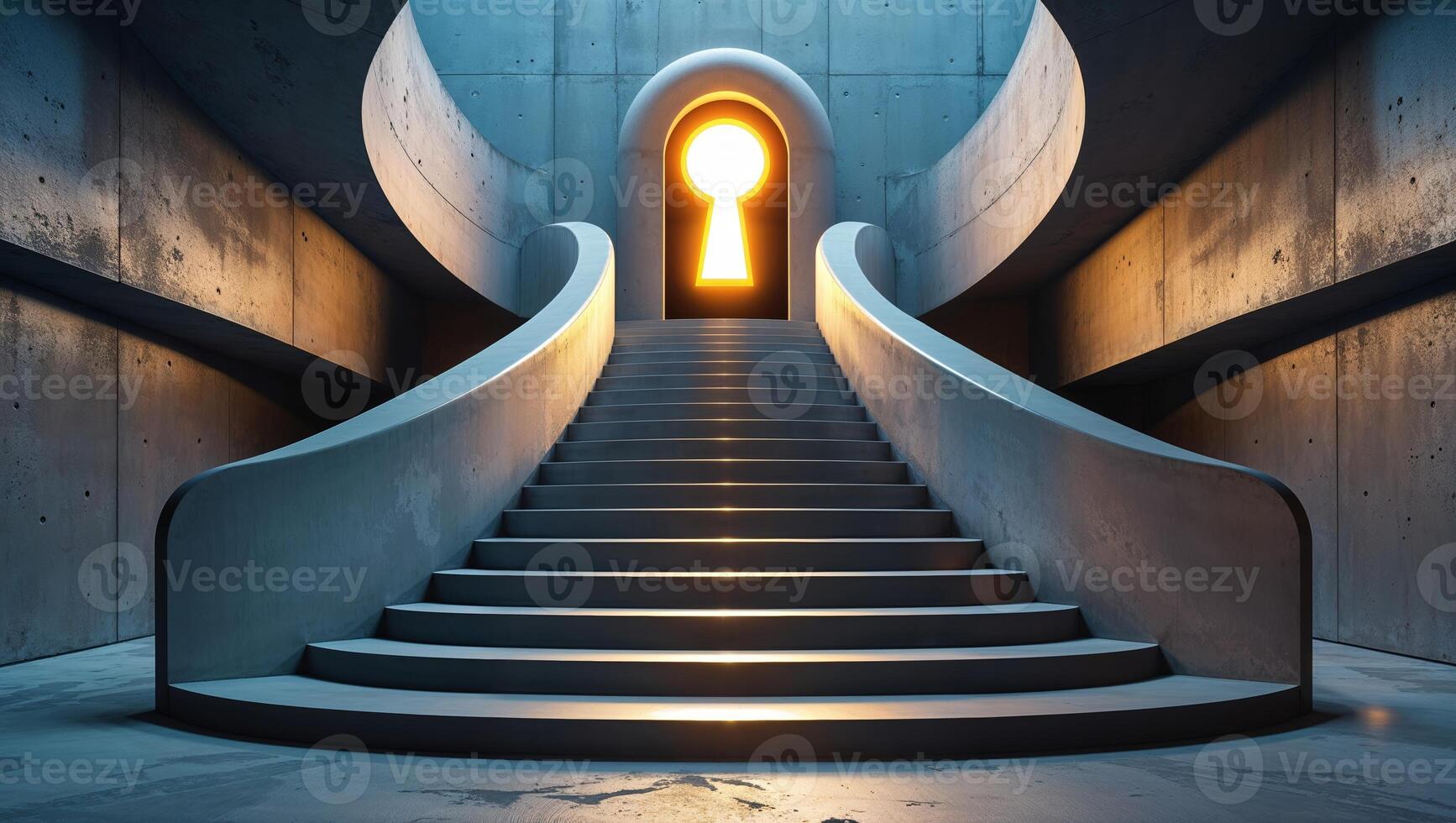 Illuminated staircase leading to a keyhole-shaped doorway in a modern architectural space photo