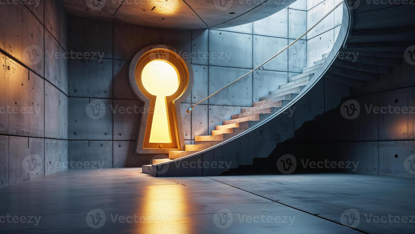 Staircase leading to a keyhole-shaped window illuminating a modern architectural space photo