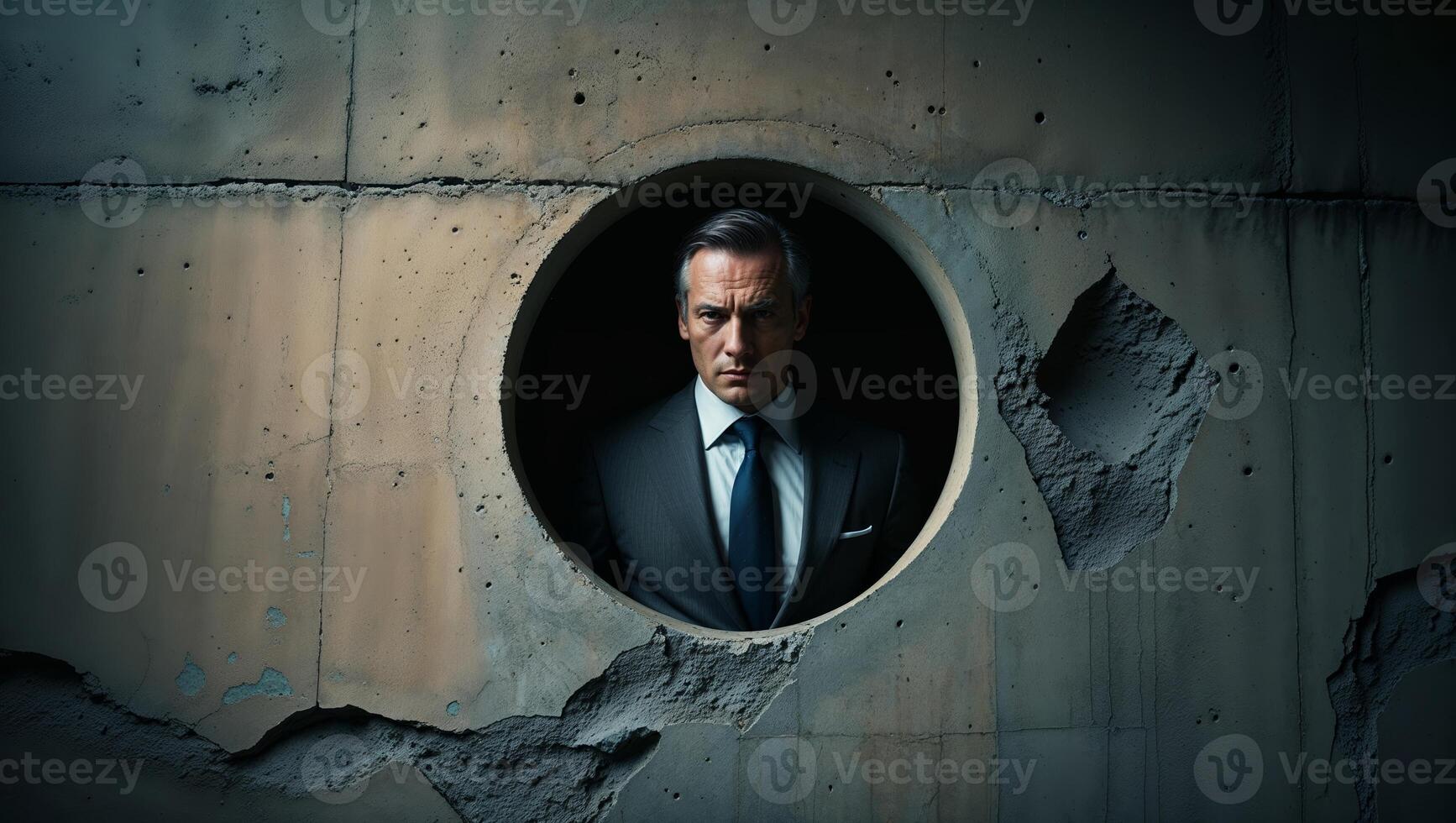 Man in a suit peers through a circular opening in a weathered concrete wall during twilight photo