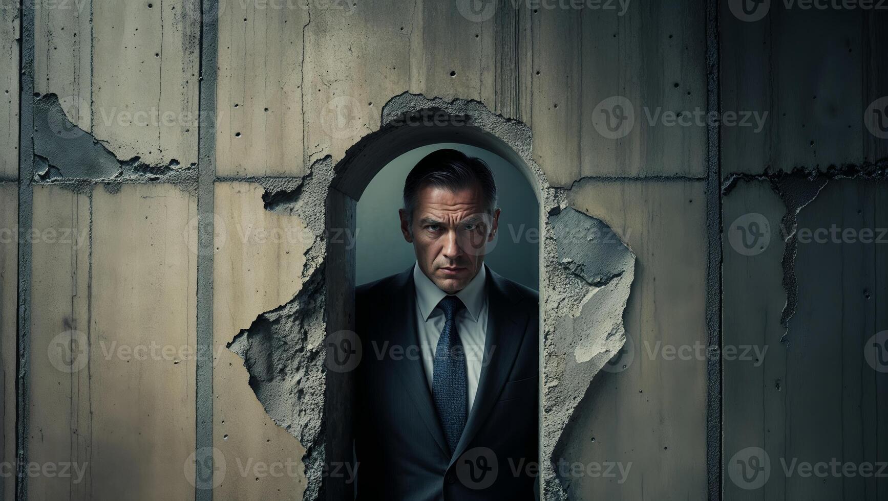 Serious businessman emerges from a damaged wall in a gritty urban environment during early evening photo