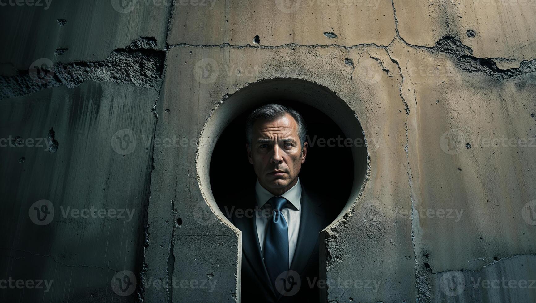 Mysterious man peering through a keyhole in an industrial setting during late afternoon photo