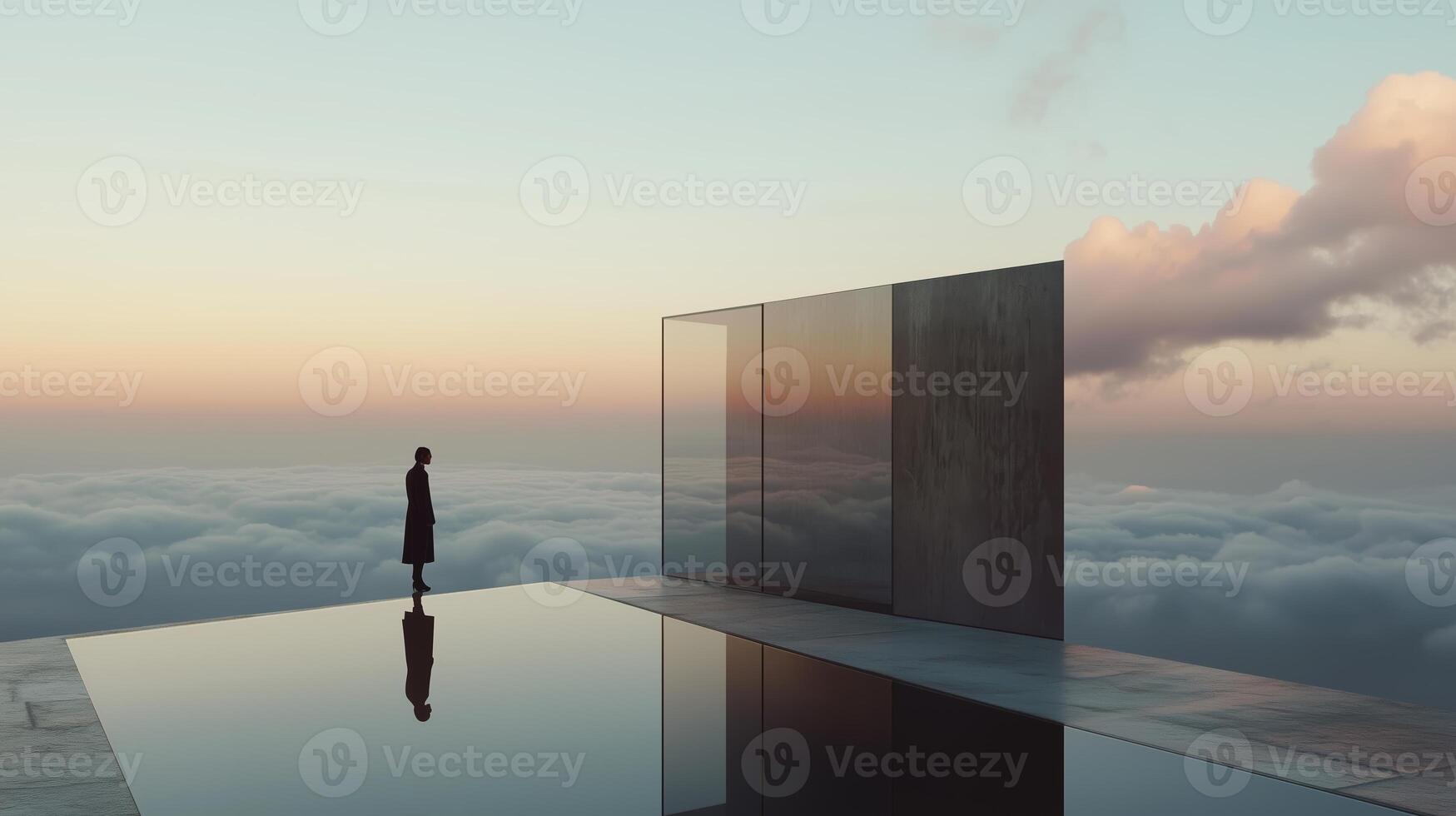 Surreal landscape with a figure standing before a reflective pool and a glass wall at sunset above the clouds photo