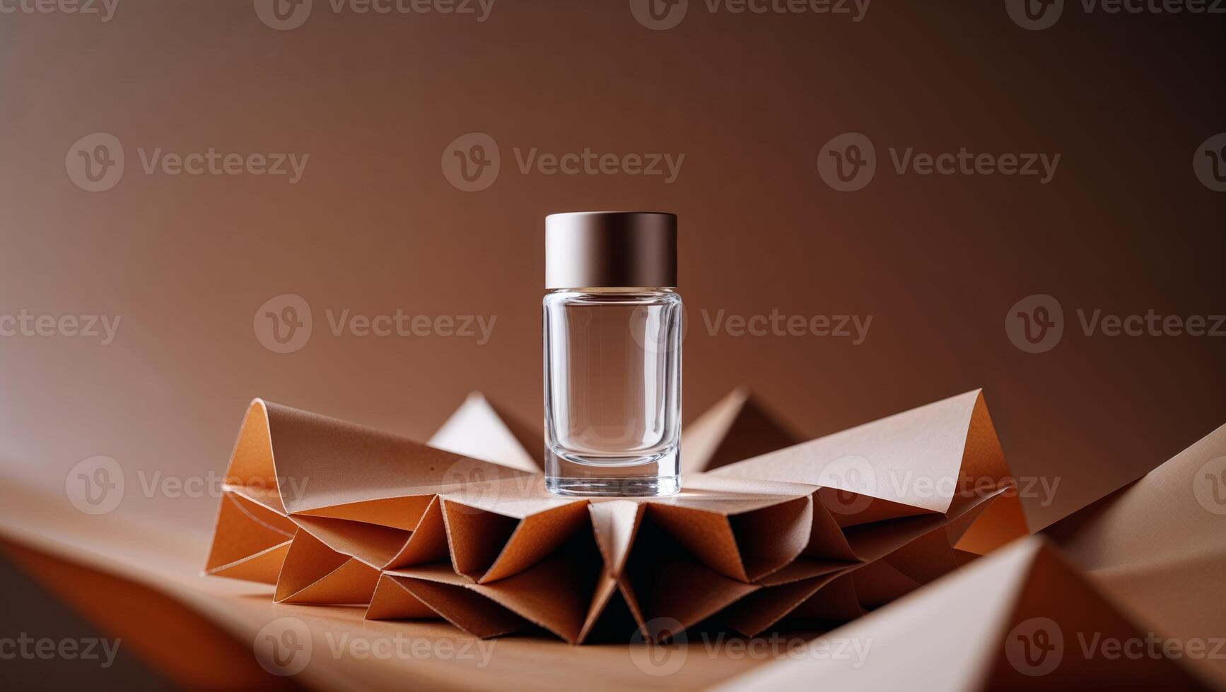 Elegant glass perfume bottle showcased on a textured, folded paper background with soft lighting photo