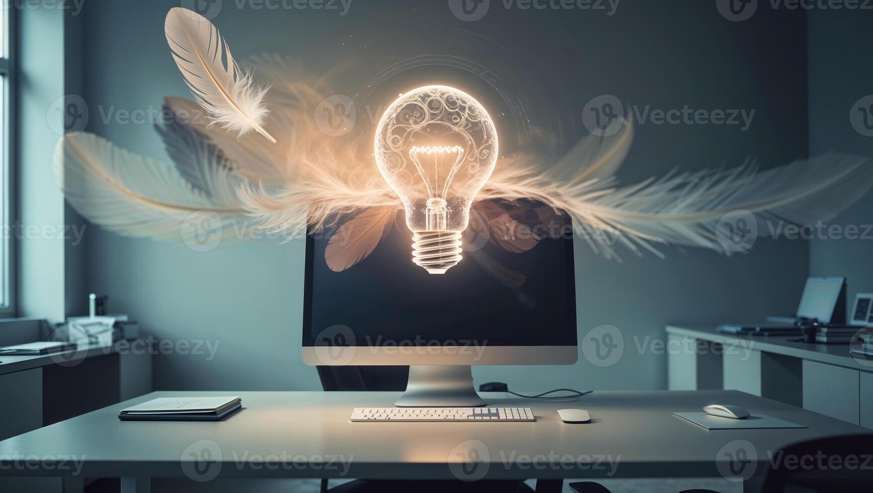 Bright idea emerging from a computer in a modern office setting with wisps of feathers in the air photo