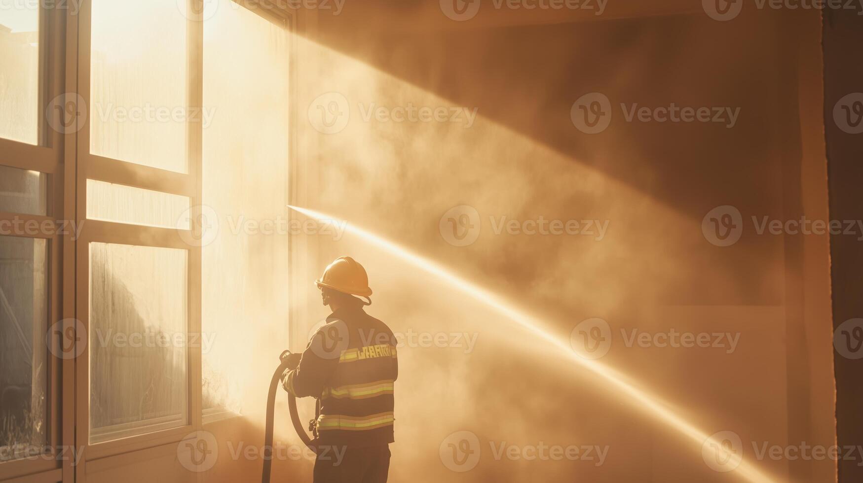 Firefighter extinguishing flames in a smoke-filled building during an emergency response operation photo
