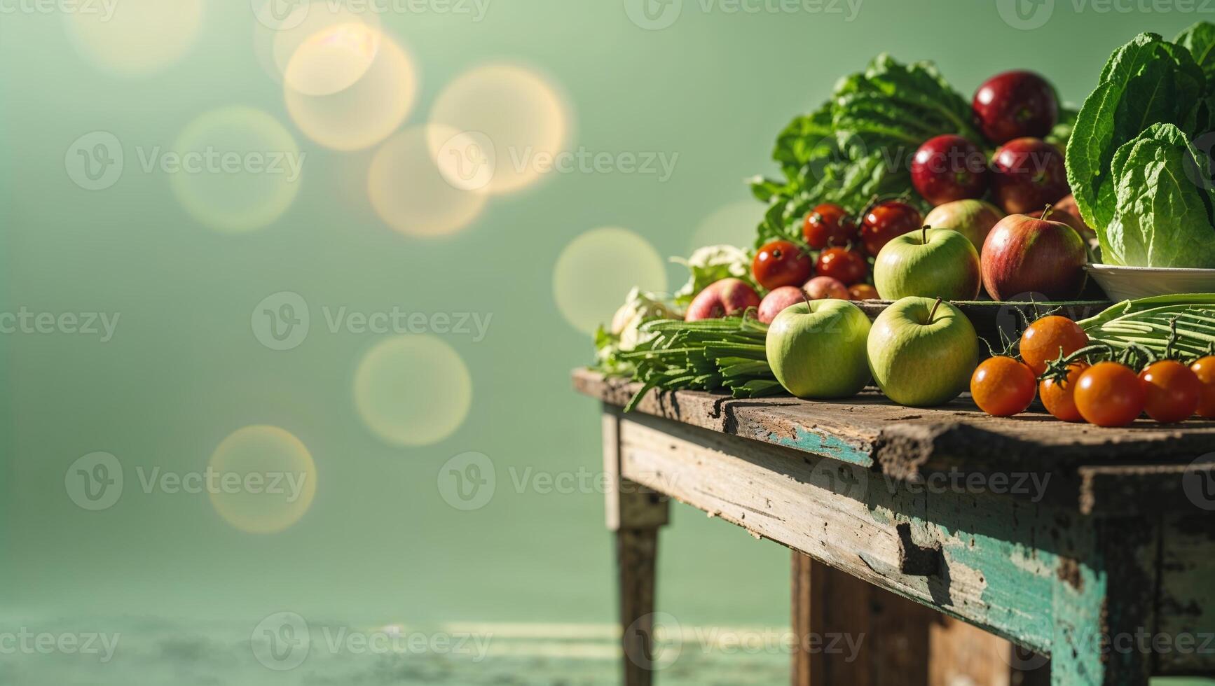 Freshly harvested vegetables and fruits displayed on a rustic table with a soft background in a well-lit environment photo