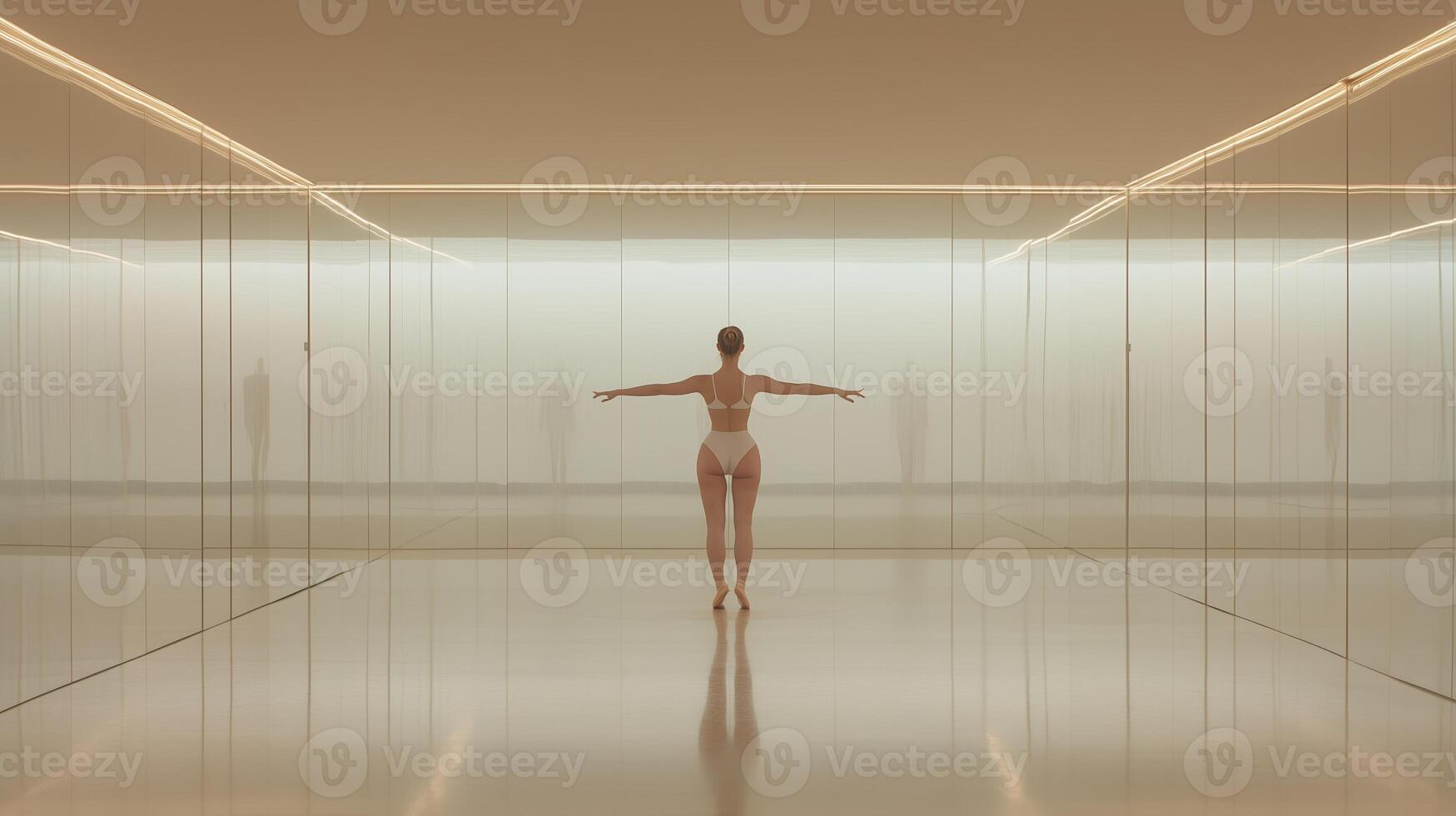 Dancer explores contemporary space with graceful movements in minimalistic environment during evening hours photo
