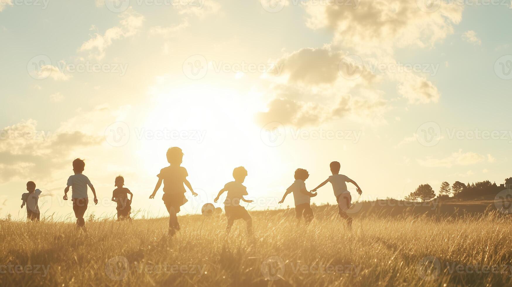 Children playing soccer in a sunlit field during golden hour, evoking joy and freedom of childhood photo
