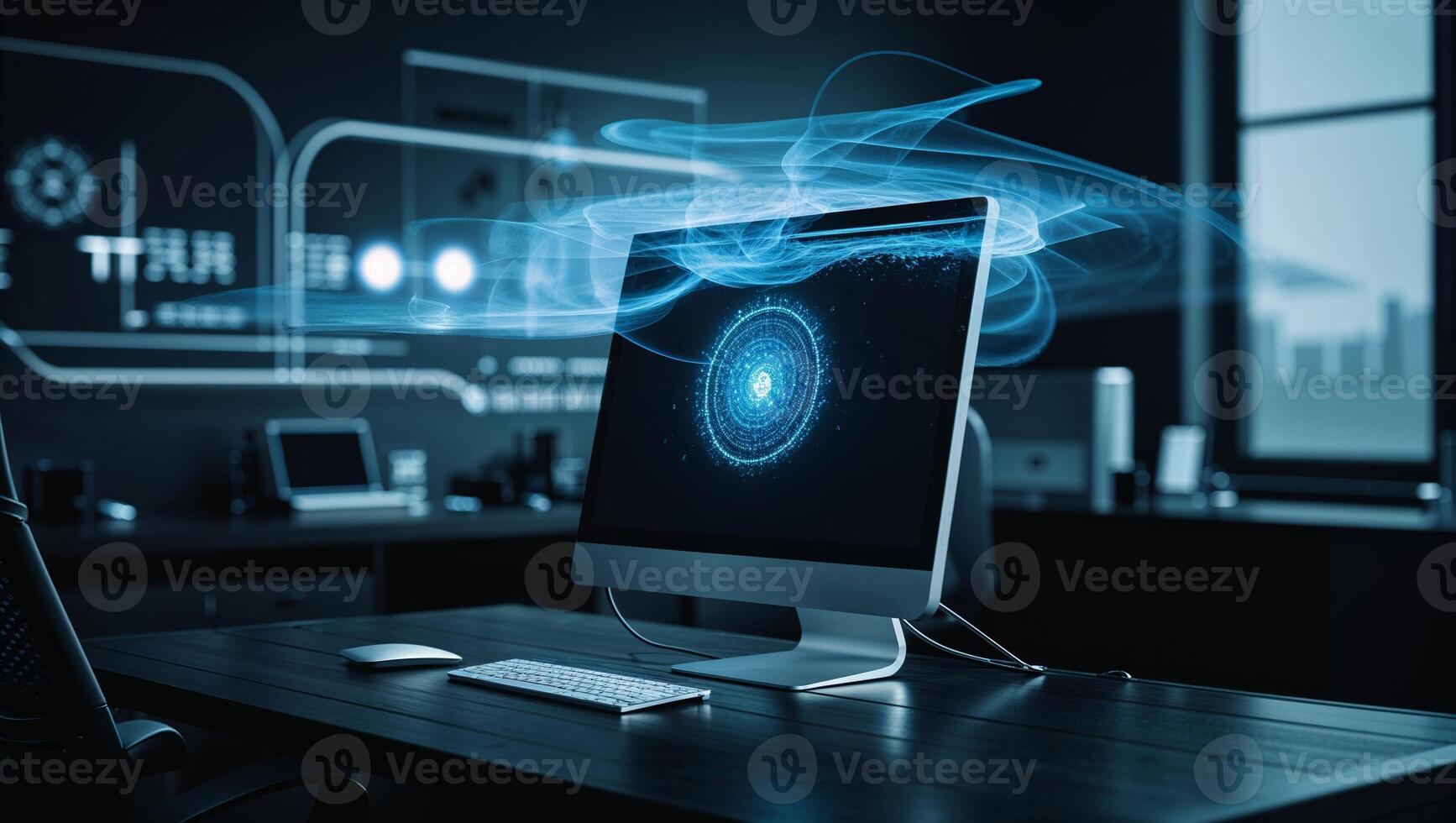 Computer screen displaying abstract digital graphics in a modern office environment during evening hours photo