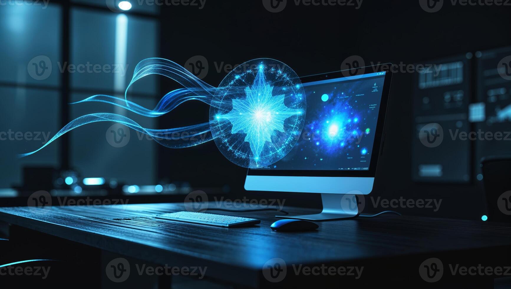 Creative digital artwork depicting a glowing holographic sphere emerging from a desktop computer in a dimly lit workspace photo