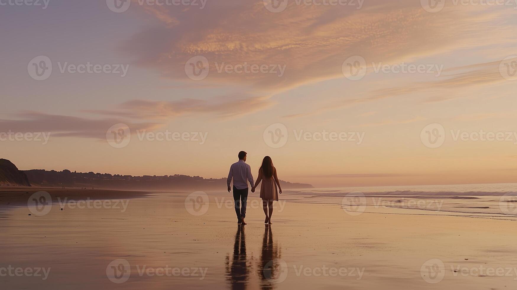 Couple walks hand in hand along the shoreline at sunset, creating a romantic atmosphere and lasting memories photo
