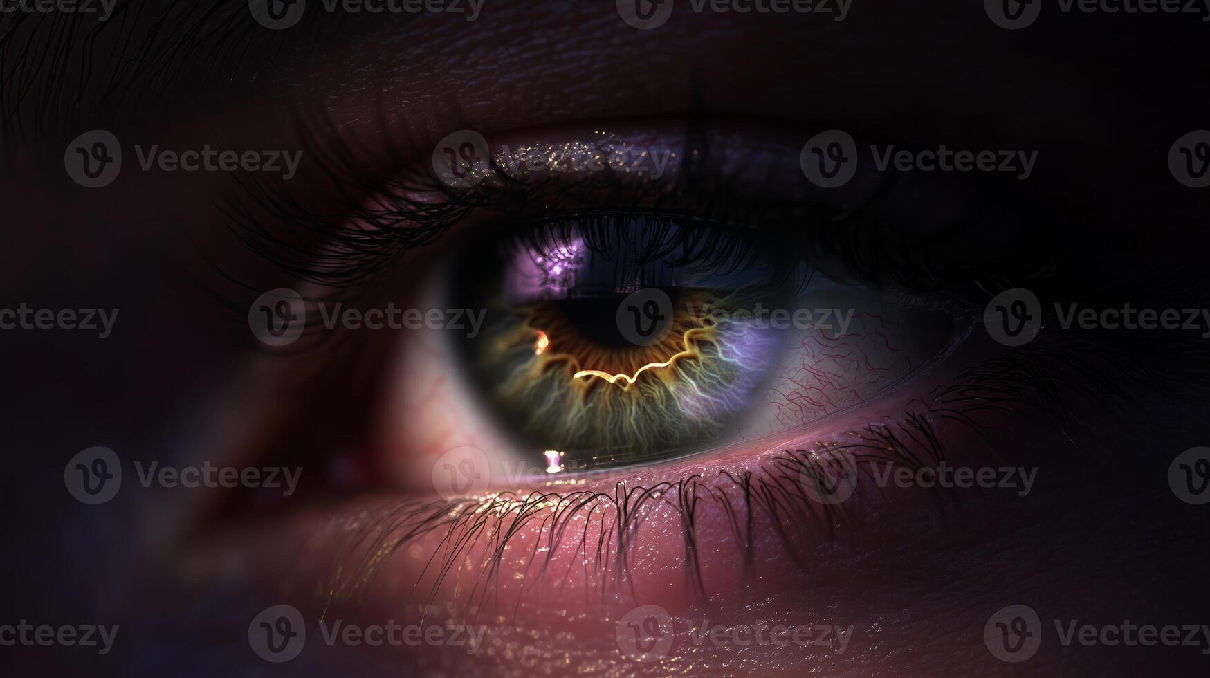 Close-up of a human eye showcasing detailed iris patterns and vibrant colors during a creative lighting setup photo