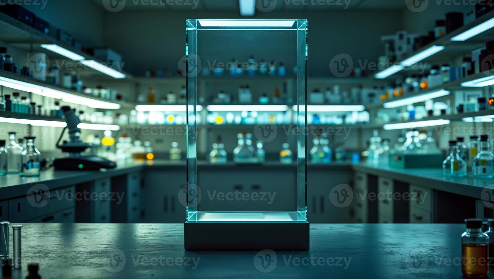 Glass display case stands empty in a dimly lit laboratory filled with various chemical containers and equipment photo