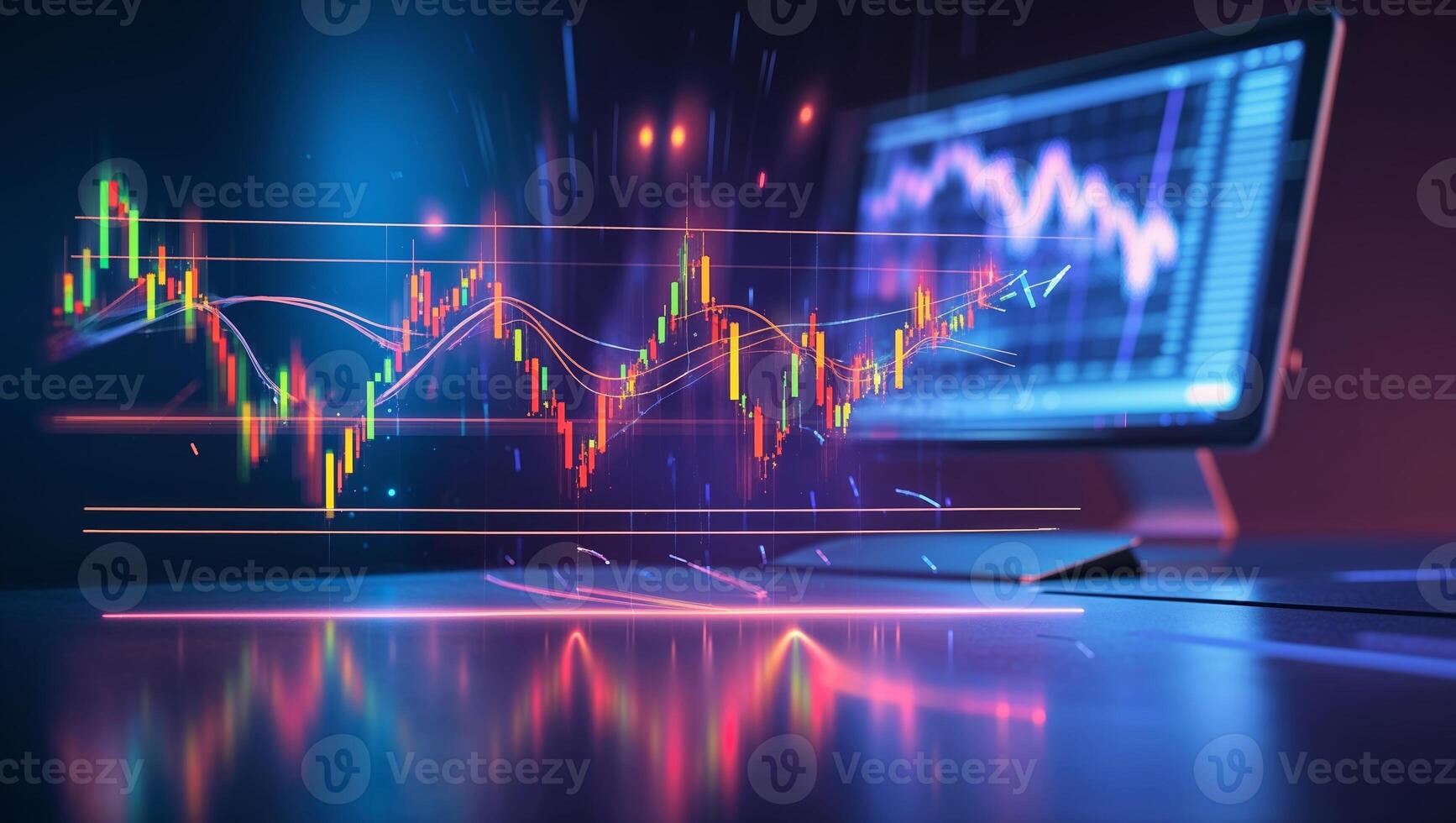 Visual representation of stock market trends with colorful graphs and data analysis on a computer screen in an evening setting photo