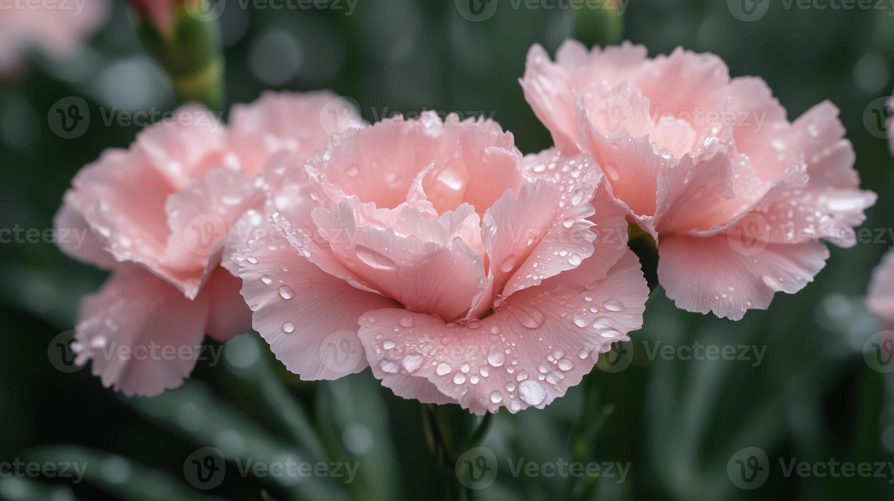 Beautiful pink carnations with dew drops glistening in a lush garden during early morning light photo