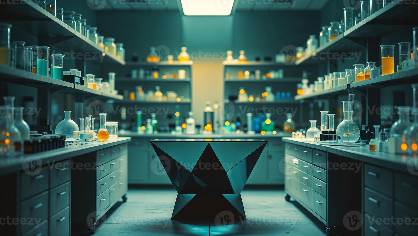 Unique laboratory environment with bright chemicals and modern equipment during research activities photo