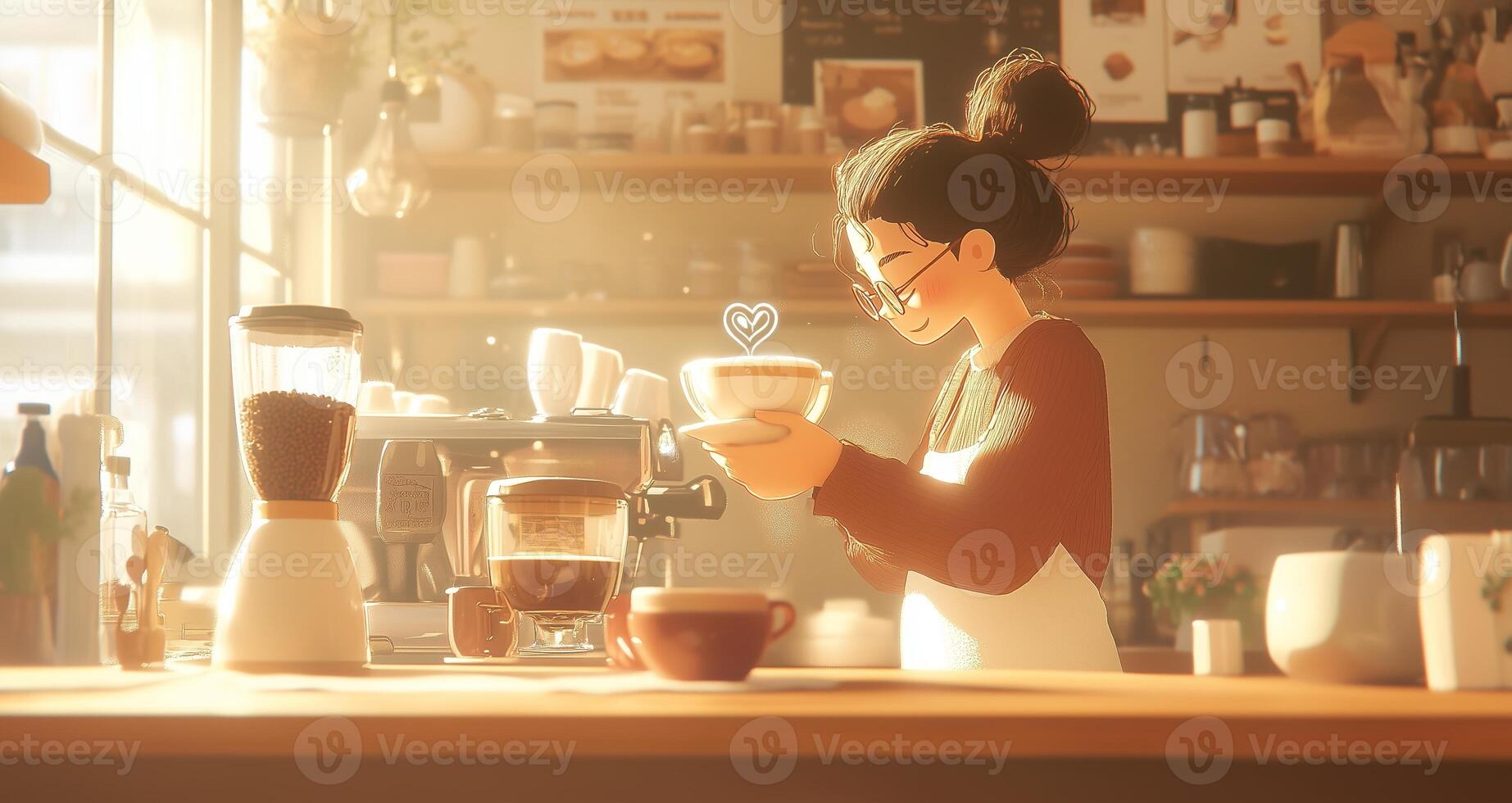 Woman preparing coffee in cozy cafe filled with warm sunlight and inviting aromas photo