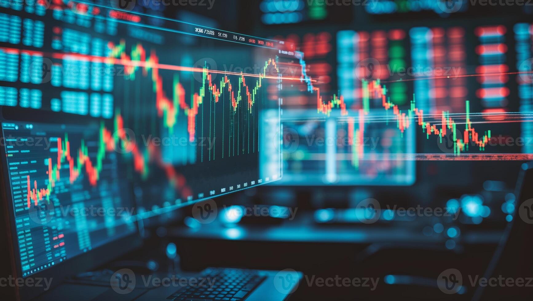 Financial trading dashboard displaying stock market trends and data analysis at a bustling trading office during daytime photo