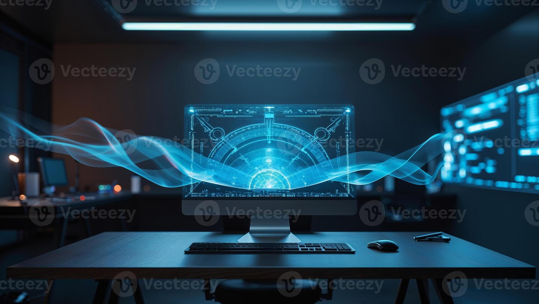 Modern workspace featuring a glowing computer screen with futuristic graphics in a dimly lit room photo