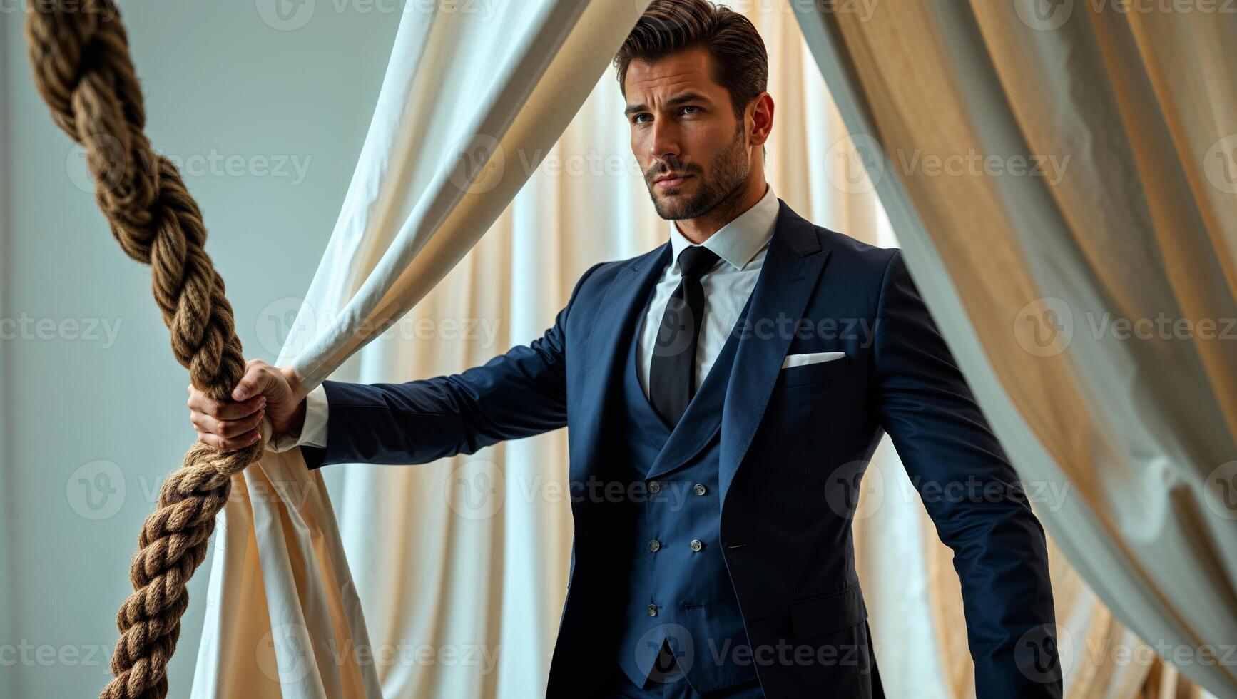 Stylish man in a tailored suit stands confidently behind draping fabric in a well-lit room, capturing a moment of elegance photo