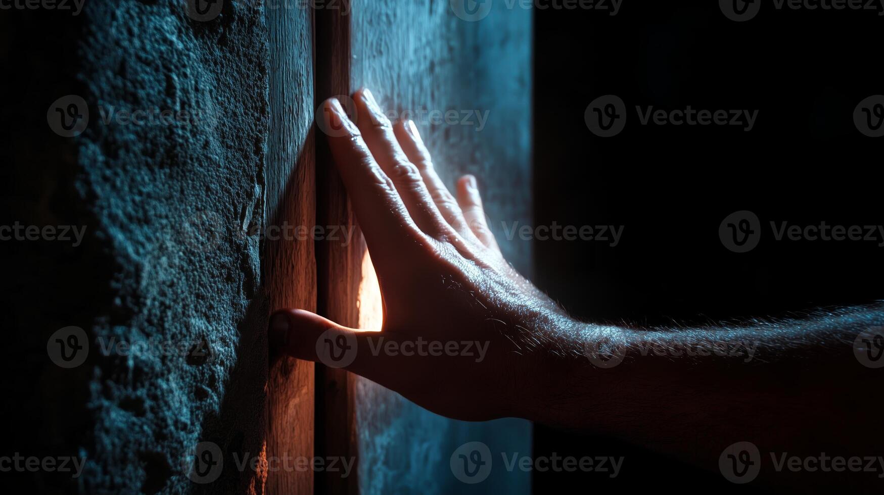 Hand reaching towards a small light source in a dark and textured environment during an exploration at dusk photo