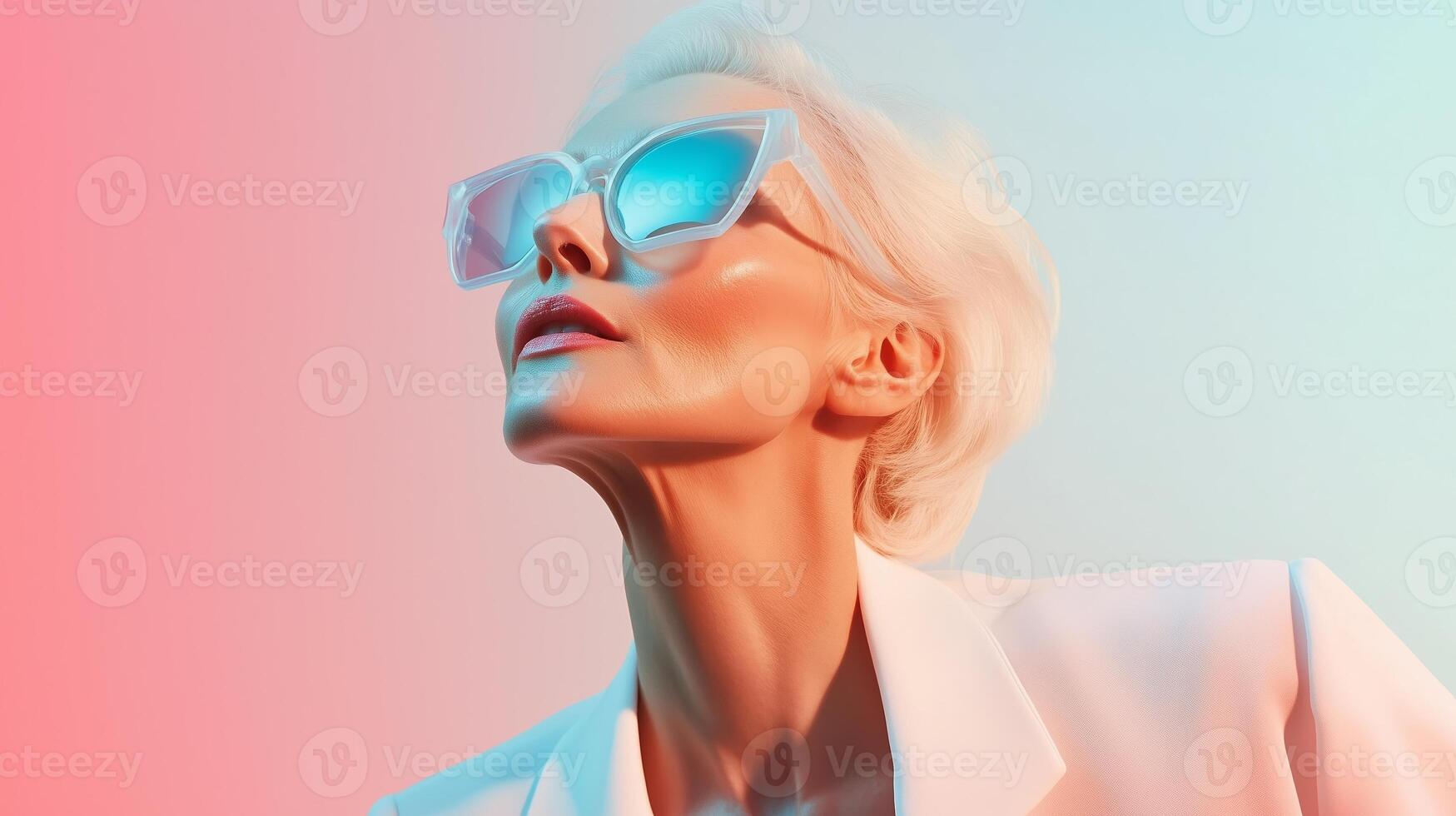 Elegant model poses in vibrant sunglasses with a colorful background showcasing modern fashion style photo